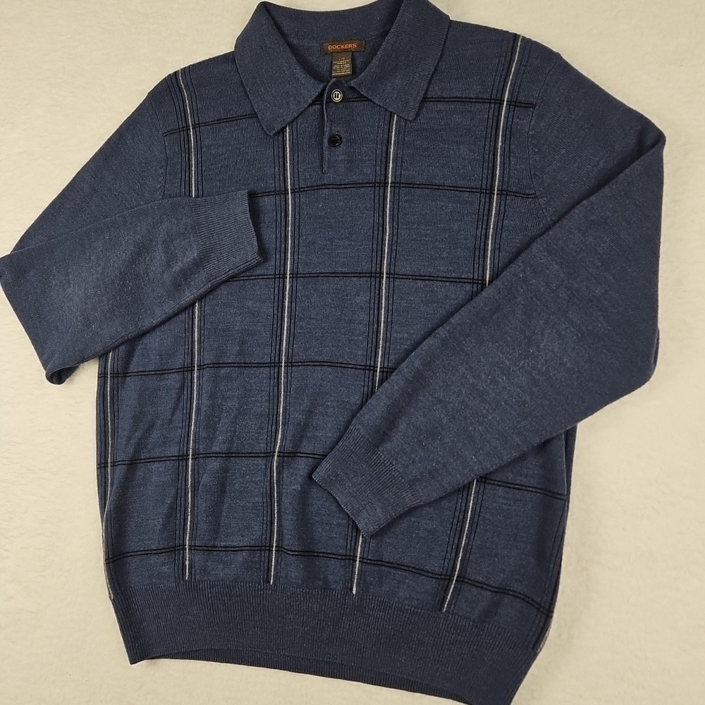 Dockers Blue Extra Soft Plaid Polo Long Sleeve Mens Sweater SZ L Preppy